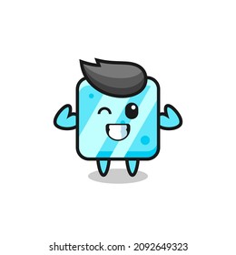 the muscular ice cube character is posing showing his muscles , cute style design for t shirt, sticker, logo element