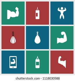 Muscular icon. collection of 9 muscular filled icons such as bodybuilder, boxing bag, muscle arm. editable muscular icons for web and mobile.
