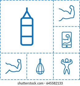 Muscular icon. set of 6 muscular outline icons such as muscle, bodybuilder, muscular arm  on phone, boxing bag