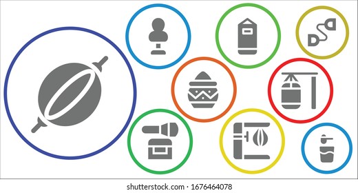 muscular icon set. 9 filled muscular icons. Included Punching bag, Powder, Chest expander icons