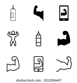 Muscular icons. set of 9 editable filled and outline muscular icons such as boxing bag, muscle arm, bodybuilder