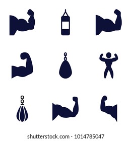 Muscular icons. set of 9 editable filled muscular icons such as boxing bag, muscle arm, muscle, bodybuilder