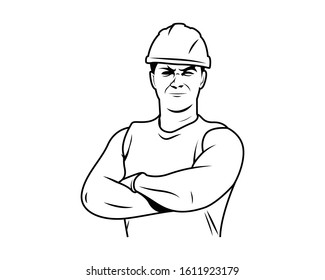 A muscular industrial worker - Vector line art illustration.