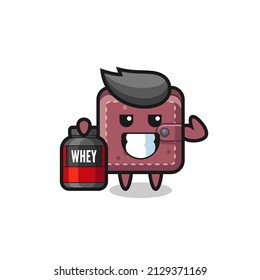 the muscular leather wallet character is holding a protein supplement , cute style design for t shirt, sticker, logo element