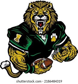 muscular lion mascot player holding football for school, college or league