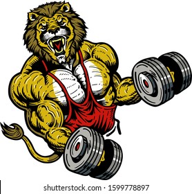muscular lion team mascot lifting weights for school, college or league