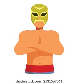 Luchador muscular com máscara dourada de pé em uma pose de braços cruzados clássicos