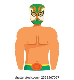 Muscular luchador está de pé com seus braços em seus lados, mostrando sua força e máscara intimidadora