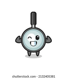 the muscular magnifying glass character is posing showing his muscles , cute style design for t shirt, sticker, logo element