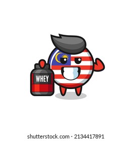 the muscular malaysia flag badge character is holding a protein supplement , cute style design for t shirt, sticker, logo element