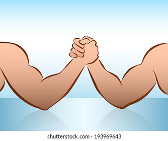 Muscular male arms in a wrestling competition. Vector illustration on blue gradient background.