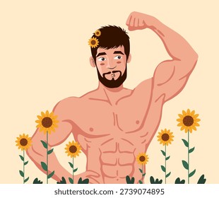 Muscular male character with beard posing among yellow flowers in summer field