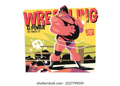 Muscular male pro wrestler vector illustration. Professional athlete. Fighting sport concept. Wrestling show and MMA fighter