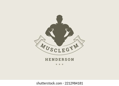 Muscular Male Torso Silhouette Gym Club Logo Design Template With Decorative Ribbon Vector Illustration. Man Athlete Powerful Strong Perfect Body Sports Fitness Club Training Protein Emblem Mark