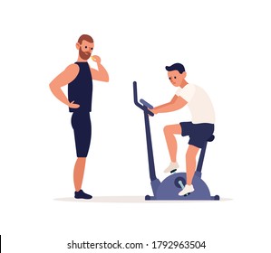 Muscular male trainer blow a whistle to start cardio training of client vector flat illustration. Man spinning pedals on exercise bike isolated on white. Coach helping or making support at workout