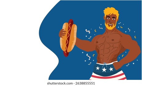 Muscular man with American flag shorts holding hotdog celebrating Independence Day
