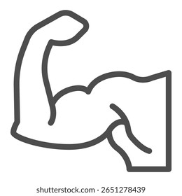 Ícone da linha do braço do homem muscular, conceito de fisiculturista. Gráficos vetoriais. Músculos de braço de fisiculturista sinal de atleta no fundo branco, ícone de estilo de contorno para design móvel ou web