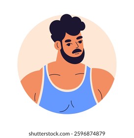 Muscular man avatar. Fit guy with muscles, male athlete with beard. Strong bodybuilder, circle user profile icon. Fitness trainer, gym coach. Flat vector illustration isolated on white background