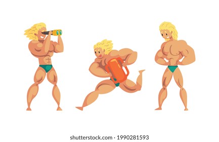 Muscular Man Beach Lifeguard Ensuring Safety, Professional Rescuer Character in Action Set Cartoon Vector Illustration