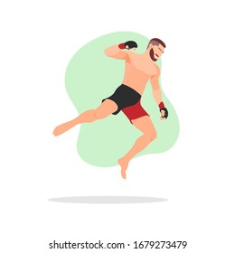 Muscular man with beard jumping and throwing superman punch. Professional MMA fighter. MMA match concept. Combat sport gloves. Martial arts athlete - Simple flat vector character icon illustration.