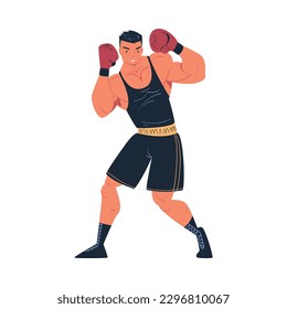 Muscular man in black sportswear and boxing gloves fighting ring cartoon vector illustration