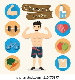 Muscular man character Icon set vector 