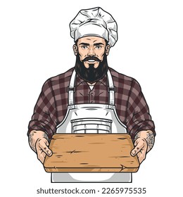 Muscular man chef logotype colorful with empty tray in hands of bearded owner of grill bar vector illustration
