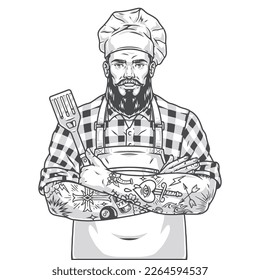 Muscular man chef sticker monochrome with strong and confident guy with arms crossed in clothes and cook cap vector illustration