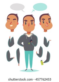 Muscular man in coach sportswear. Pack of body parts, emotions and equipment. Vector character illustration in cartoon style.