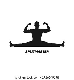 Muskulöser Mann, der Bein macht, spaltet Silhouette. Split Beine Übung Logo Symbol Zeichen oder Symbol. Kickboxsportler. Yoga-Meditation. Flexibilitätstraining. Gymastiklehrer - Vector Illustration.