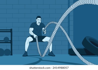 Muscular man doing rope crossfit training exercises. Colored vector illustration. Athlete male training in the gym. Active bodybuilder guy workout. Sport, health and wellness concept.