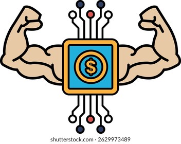 Um homem musculoso com um cifrão no peito. O cifrão é cercado por um punhado de fios e circuitos. Conceito de força e potência, bem como a importância da tecnologia