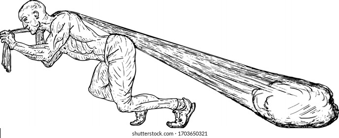 A muscular man dragging a burden load over his shoulder. Hand drawn vector illustration.