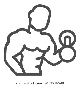 Homem muscular com ícone de linha de haltere, conceito de construção do corpo. Gráficos vetoriais. Atleta com músculos do corpo, sinal de treinamento no fundo branco, ícone de estilo de contorno para design móvel ou web