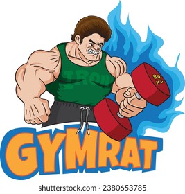 A muscular man effortlessly curls a dumbbell with one hand, showcasing his impressive strength and well-defined muscles. Logo design. T-Shirt design. Mascot design. Emblem design. Gymrat working out.
