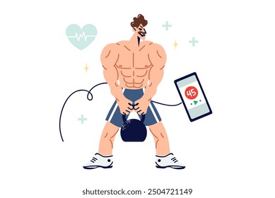 El hombre musculoso se dedica a los deportes de fuerza, levantar pesas y usar la aplicación de acondicionamiento físico en el teléfono. El chico joven es culturista que se involucra en deportes para obtener un cuerpo hermoso y esculpido.