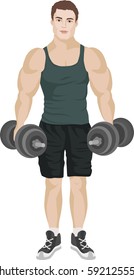 Muscular Man Exercises with dumbbells. Vector illustration.