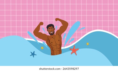 Un hombre musculoso sexy que flexiona los brazos dentro del agua con el diseño rosado del chapoteo