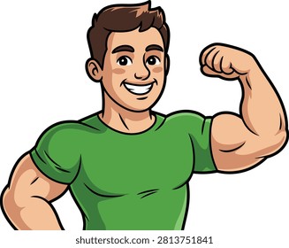 Muscular man flexing biceps in green vector illustration