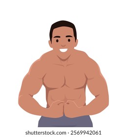 Muscular man flexing show his body in confidence. Flat vector illustration isolated on white background