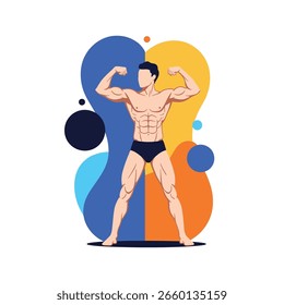 Homem muscular flexionando mostrando músculos abdominais bem definidos e bíceps em um design gráfico moderno com formas orgânicas