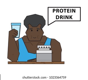 A muscular man holding a glass with a protein cocktail,vector image, flat design, cartoon character