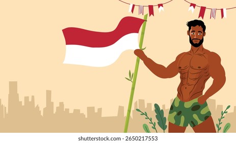 Homem muscular segurando bandeira indonésia orgulhosamente para a celebração do Dia da Independência
