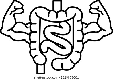 A muscular man is holding a large intestine in his arms. The image is meant to convey the importance of maintaining a healthy digestive system