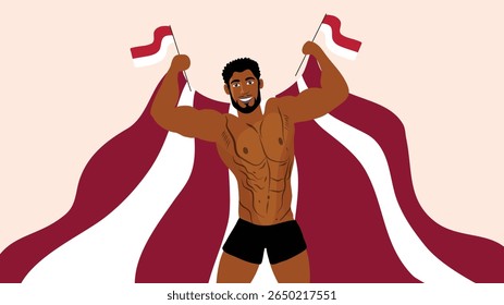 Muscular segurando duas bandeiras da Indonésia para a celebração do Dia da Independência