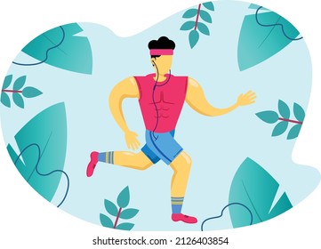 A muscular man jogging in the nature flat vector illustration. Running in forest with plant ornament background concept for banner, flyer, or presentation.