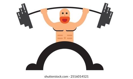 Hombre musculoso levantando peso estilo plano. Vector de concepto deportivo y de ganancia de fuerza