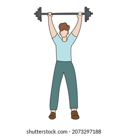 Muscular man lifting weights a barbel. Male bodybuilder. Gym activity. Fitness concept. Workout equipment. Vector colorful illustration