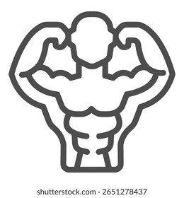 Ícone da linha do homem muscular, conceito de construção do corpo. Gráficos vetoriais. atleta de halterofilismo com músculos do corpo assinar em fundo branco, ícone de estilo de contorno para design móvel ou web.