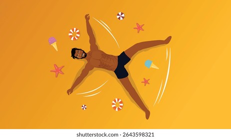 A muscular man lying on yellow sand surrounded by summer sweets and shells